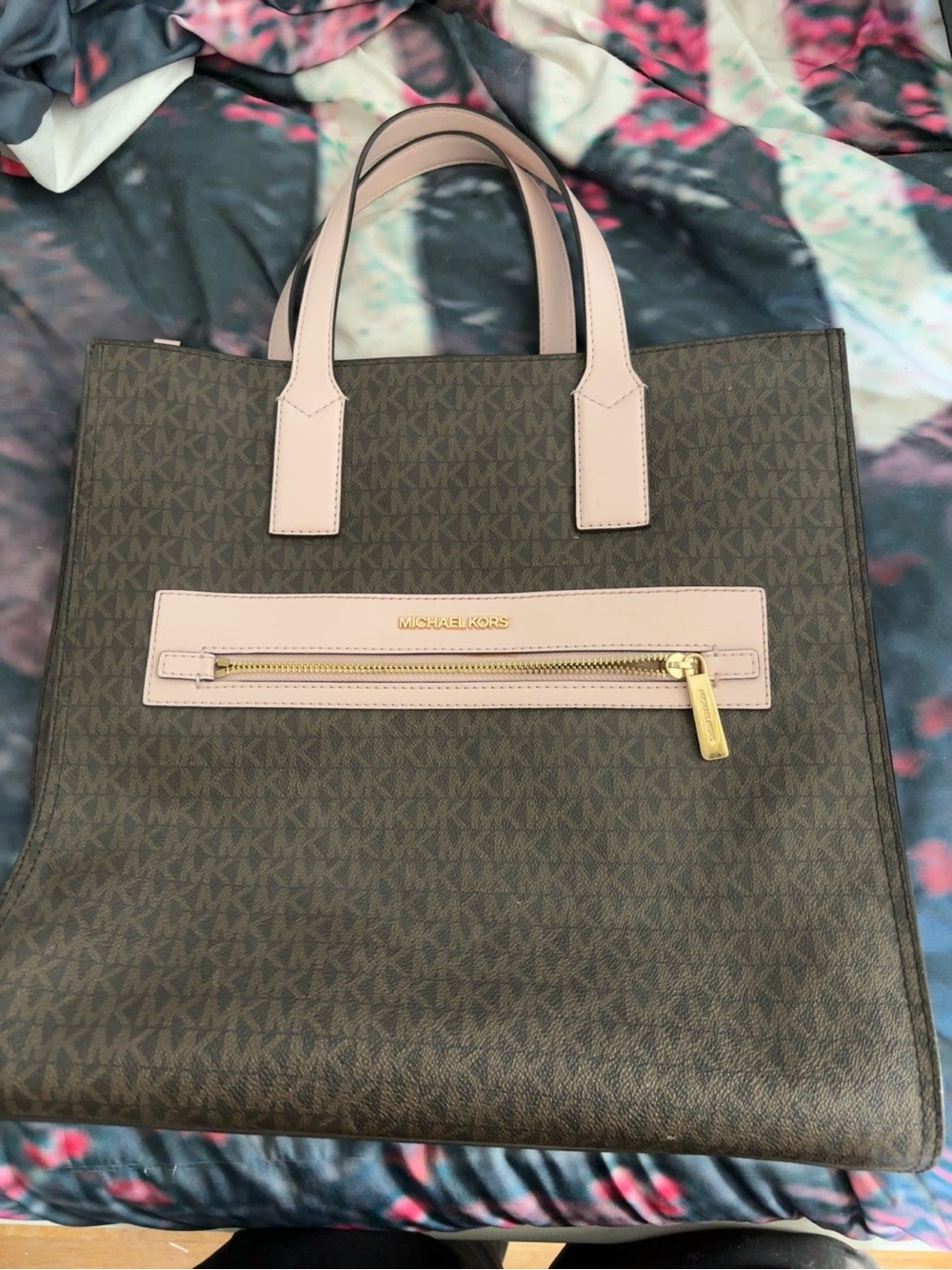 Michael Kors Brown Logo Tote with Light Pink Trim and Gold Hardware